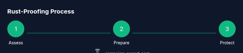 Infographic showing a 3-step rust-proofing process: Assess, Prepare, Protect