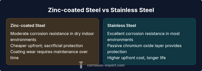 Comparison infographic of zinc-coated steel vs stainless steel showing corrosion resistance