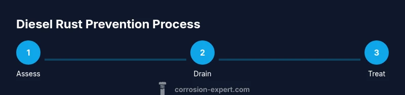 Process infographic showing assess, drain, treat steps for diesel rust prevention