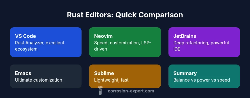 Infographic comparing Rust editors: VS Code, Neovim, JetBrains IDEs, Emacs, Sublime