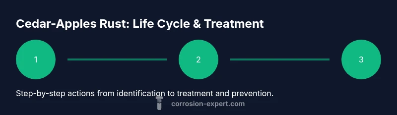 Infographic showing cedar-apple rust life cycle and treatment steps
