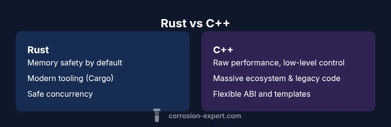 Infographic comparing Rust and C++ on safety, performance, tooling