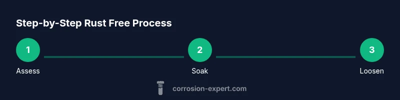 Diagram showing a three-step rust removal process: assess, soak, loosen