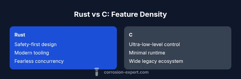 Rust vs C infographic comparing safety, tooling, and performance