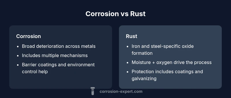 Comparison infographic showing corrosion vs rust on metals