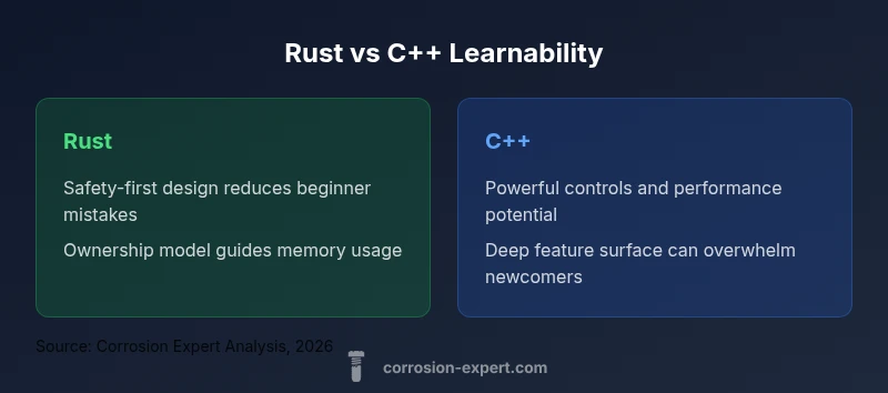 Rust vs C++ learnability infographic with side-by-side comparison